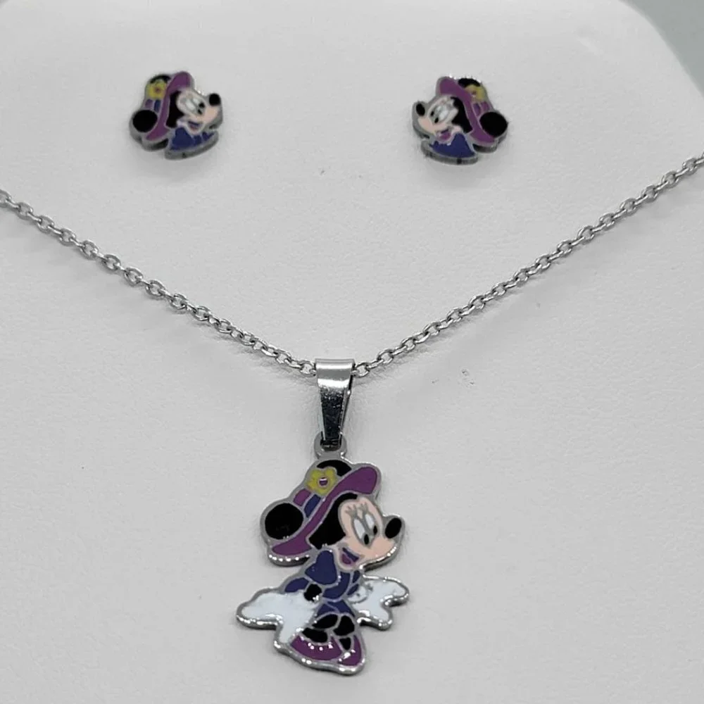 Stainless Steel Minnie Mouse in Purple earrings and necklace